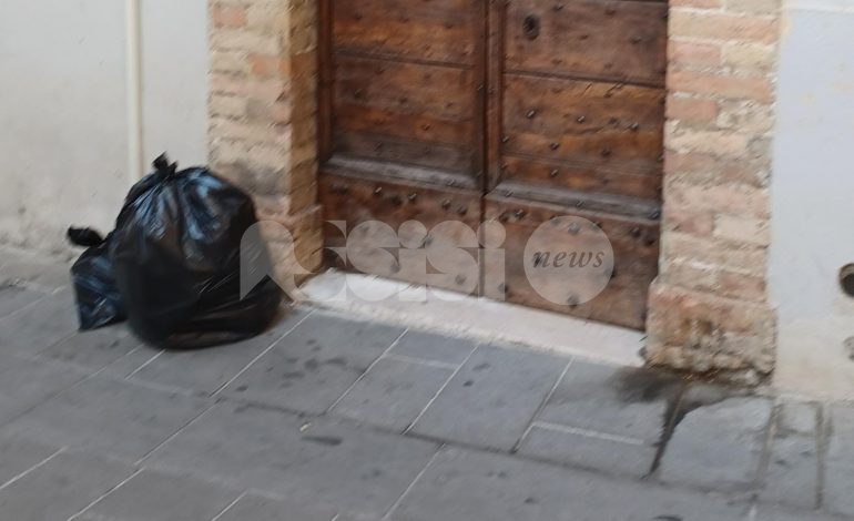 Sacco della spazzatura ‘abbandonato’ in bella vista nel centro storico di Assisi